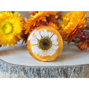 Broche redondo en tono naranja mandarina con flor de pensamiento y margarita natural encapsuladas en resina.